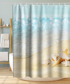 Seashell and Conch Shower Curtain - Ocean Decor Theme with Fabric Bathroom Decor in Blue and Gold