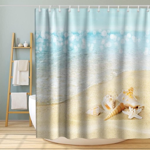 Seashell and Conch Shower Curtain - Ocean Decor Theme with Fabric Bathroom Decor in Blue and Gold