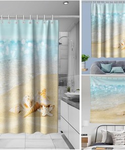 Seashell and Conch Shower Curtain - Ocean Decor Theme with Fabric Bathroom Decor in Blue and Gold