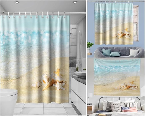 Seashell and Conch Shower Curtain - Ocean Decor Theme with Fabric Bathroom Decor in Blue and Gold