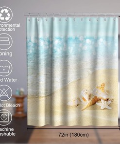 Seashell and Conch Shower Curtain - Ocean Decor Theme with Fabric Bathroom Decor in Blue and Gold
