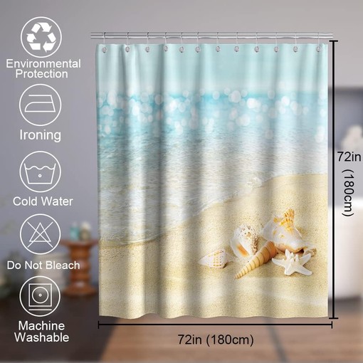 Seashell and Conch Shower Curtain - Ocean Decor Theme with Fabric Bathroom Decor in Blue and Gold