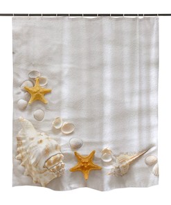 Seashell and Starfish Shower Curtain, Beach Bathroom Decor with Shell Pattern 