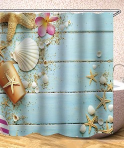 Seashell and Starfish Shower Curtain on Teal Wooden Board Beach: Perfect for Your Bathroom Decor