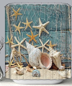 Seashells Net Aqua Wood Fabric Shower Curtain - Perfect for Adding Some Nautical Vibes to Your Bathroom