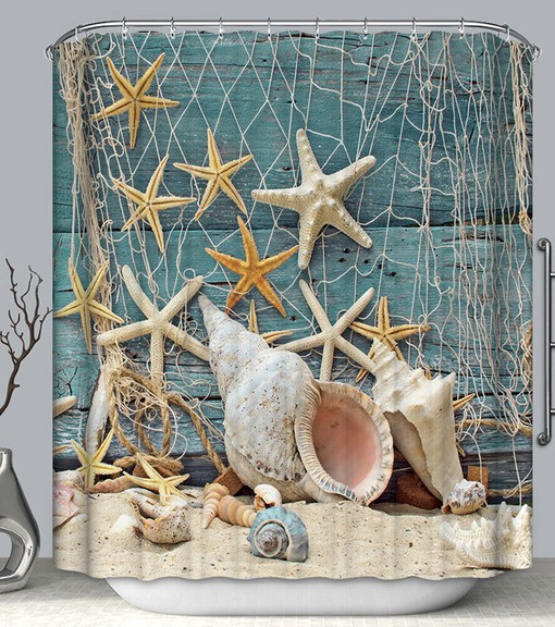 Seashells Net Aqua Wood Fabric Shower Curtain - Perfect for Adding Some Nautical Vibes to Your Bathroom