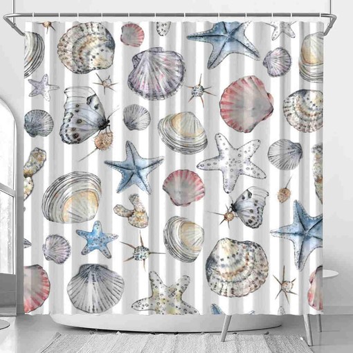 Seashells Watercolor Butterfly Waterproof Bathroom Curtain Set - Bathroom Decor