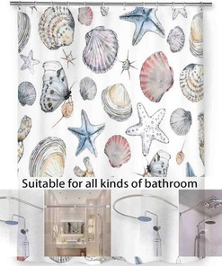 Seashells Watercolor Butterfly Waterproof Bathroom Curtain Set - Bathroom Decor