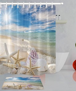 Seashells and Starfish Shower Curtain - A Sunny Beach Scenic Print for Your Bathroom Decor