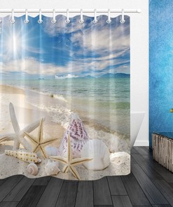 Seashells and Starfish Shower Curtain - A Sunny Beach Scenic Print for Your Bathroom Decor