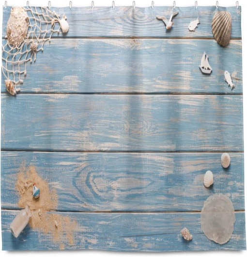 Seashells on Wooden Plank Shower Curtain - Modern Home Bathroom Hotel Spa Decorations