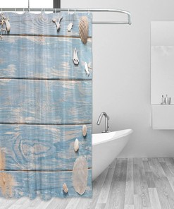 Seashells on Wooden Plank Shower Curtain - Modern Home Bathroom Hotel Spa Decorations