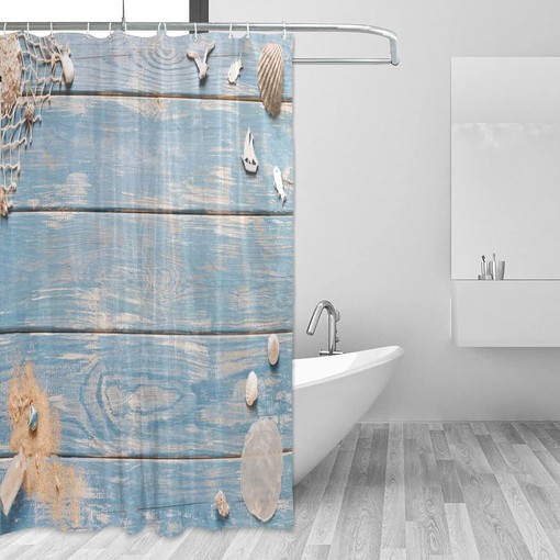 Seashells on Wooden Plank Shower Curtain - Modern Home Bathroom Hotel Spa Decorations