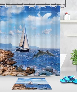 Seaside Landscape Sailboat Shower Curtain - Fabric Bathroom Decor with Dolphins