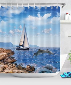 Seaside Landscape Sailboat Shower Curtain - Fabric Bathroom Decor with Dolphins