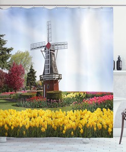 Serene Garden Tulips Shower Curtain with Windmill Print for Bathroom