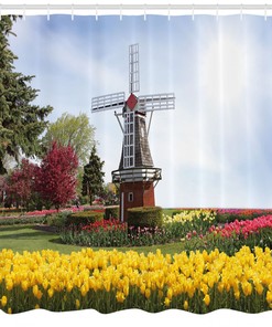 Serene Garden Tulips Shower Curtain with Windmill Print for Bathroom