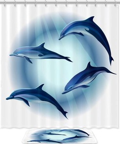 Set of Four Dolphins Shower Curtain, Bathroom Curtain for Housewarming Gift