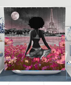 Sexy African American Woman Afro Lady Shower Curtain with Fullmoon Flower and Eiffel Tower - Housewarming Gift