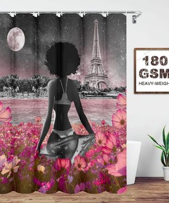 Sexy African American Woman Afro Lady Shower Curtain with Fullmoon Flower and Eiffel Tower - Housewarming Gift