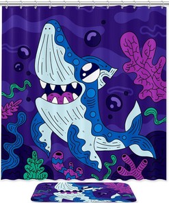 Shark and Algae Underwater Shower Curtain for Modern Bathroom Decor