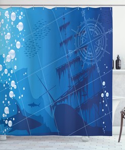 Shark and Compass Ship Underwater Shower Curtain for Nautical Bathroom Decor