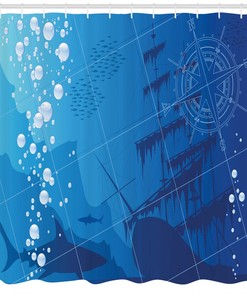 Shark and Compass Ship Underwater Shower Curtain for Nautical Bathroom Decor