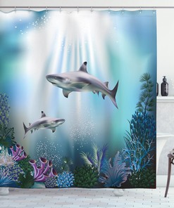 Shark and Coral Aquatic Underwater Shower Curtain for Ocean Bathroom Decor