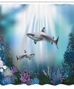 Shark and Coral Aquatic Underwater Shower Curtain for Ocean Bathroom Decor