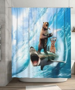 Shark and Sea Wave Shower Curtain with Cat and Fish for Cool Bathroom Decor 