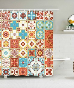 Sicilian Floral Mosaic Tile Shower Curtain for a Mediterranean-Themed Bathroom