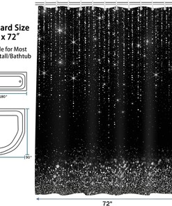 Silver Glitter Shower Curtain, Shining Bling Silver Black Bathroom for Home Decor