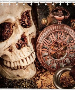 Skull with A Mechanical Clock Shower Curtain for Bathroom Decor, Home Decor Style