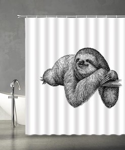 Sloth Shower Curtain - Black and White Funny Cute Animals Tree Sketch Fabric Bathroom Decor