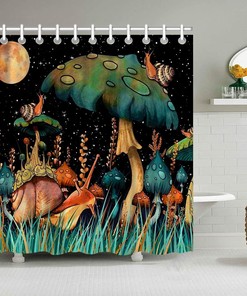 Snail Mushroom Moon and Star Fabric Shower Curtain - Whimsical Bathroom Decor