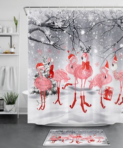 Snow Scene Flamingo Christmas Winter Shower Curtain for Bathroom Decor