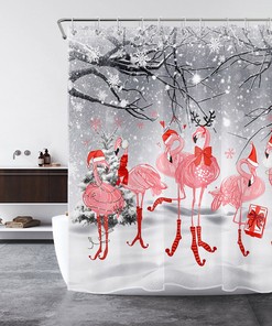 Snow Scene Flamingo Christmas Winter Shower Curtain for Bathroom Decor