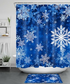 Snowflakes Blue Background Xmas Winter Shower Curtain for Bathroom Decor