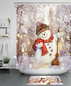Snowman Christmas Snowflake Forest Shower Curtain for Bathroom Decor