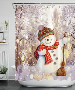 Snowman Christmas Snowflake Forest Shower Curtain for Bathroom Decor