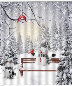 Snowman Pine Tree Shower Curtain with Christmas Scene Print for Bathroom