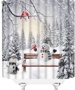 Snowman Pine Tree Shower Curtain with Christmas Scene Print for Bathroom