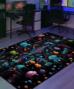 Space Invaders on Black Background with Some Color Scattered Arcade - Personalize your Living Room with this Area Rug