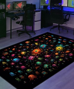 Space Invaders on Black Background with Some Color Scattered Arcade - Personalized Area Rug for Retro Gamers