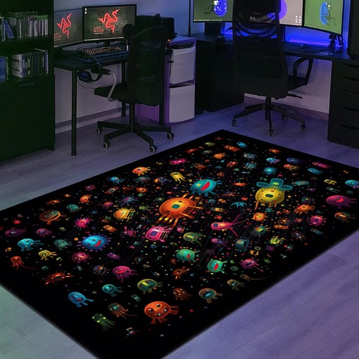 Space Invaders on Black Background with Some Color Scattered Arcade - Personalized Area Rug for Retro Gamers