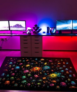 Space Invaders on Black Background with Some Color Scattered Arcade - Personalized Area Rug for Retro Gamers