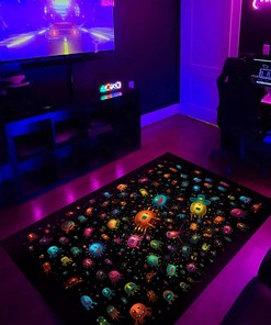 Space Invaders on Black Background with Some Color Scattered Arcade - Personalized Area Rug for Retro Gamers