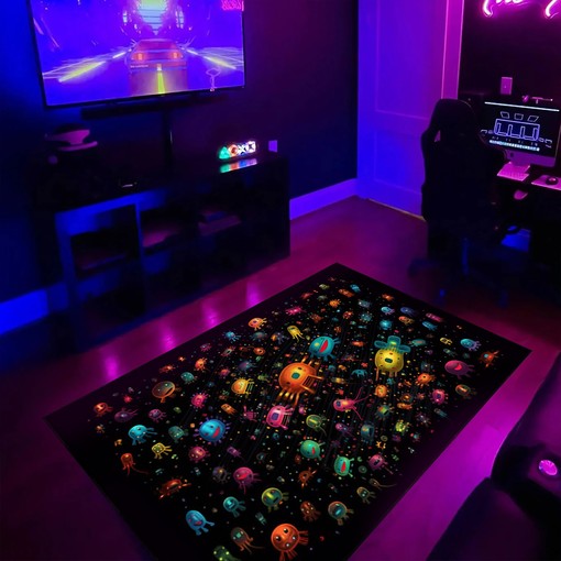 Space Invaders on Black Background with Some Color Scattered Arcade - Personalized Area Rug for Retro Gamers