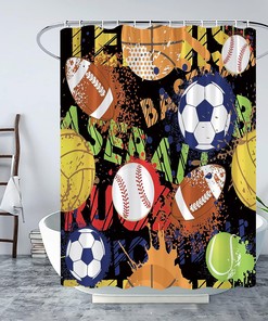 Sports Game Set Shower Curtain - Watercolor Basketball Football Baseball Hockey Black Decor