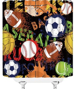 Sports Game Set Shower Curtain - Watercolor Basketball Football Baseball Hockey Black Decor